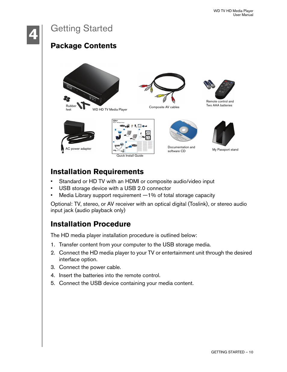 Getting started, Package contents, Installation requirements | Installation procedure, Package contents installation requirements | Western Digital WD TV HD Media Player (Gen 1) User Manual User Manual | Page 13 / 81