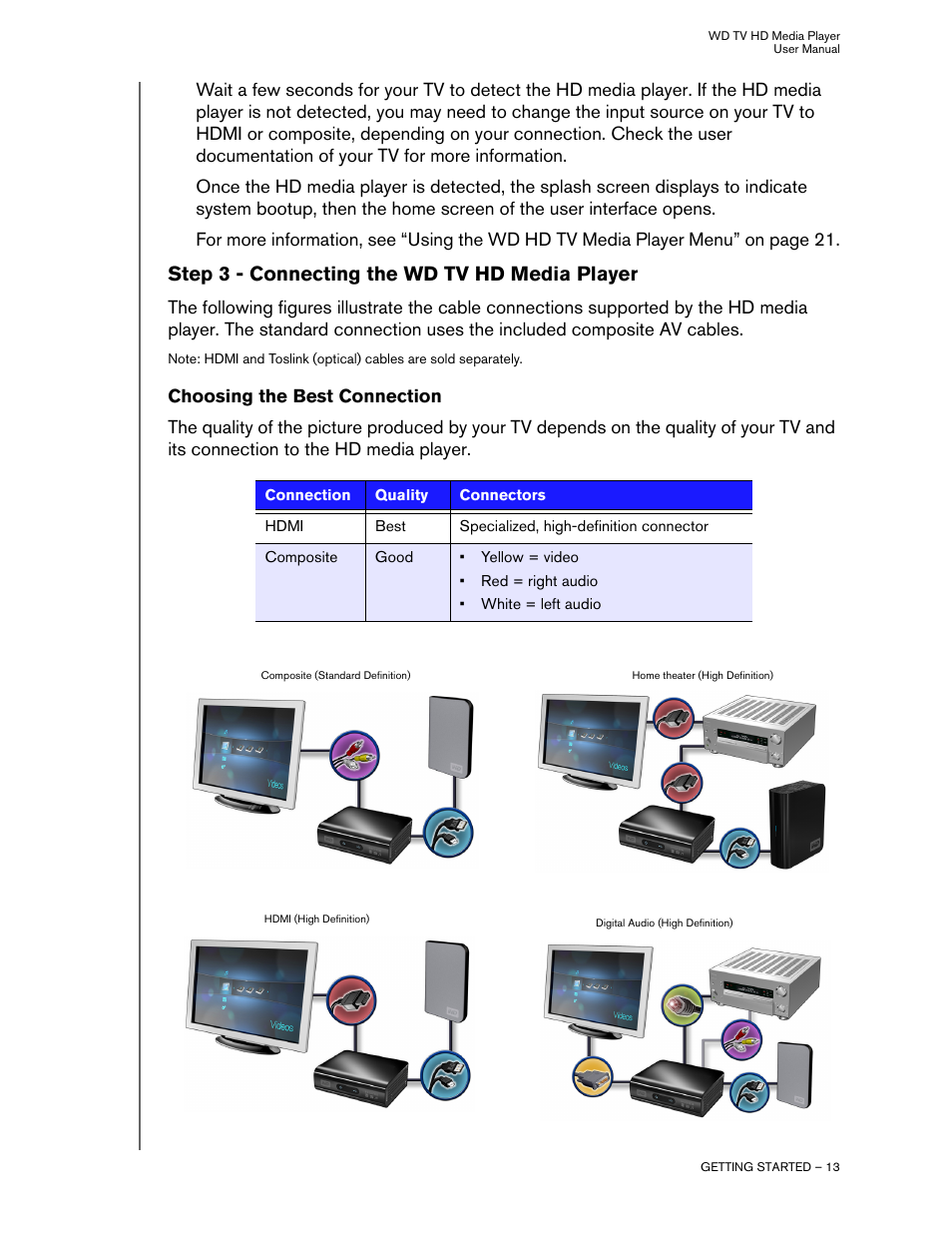 Step 3 - connecting the wd tv hd media player, Choosing the best connection | Western Digital WD TV HD Media Player (Gen 1) User Manual User Manual | Page 16 / 81