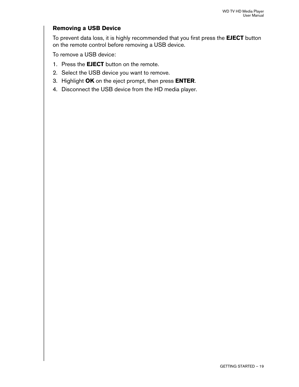 Removing a usb device | Western Digital WD TV HD Media Player (Gen 1) User Manual User Manual | Page 22 / 81