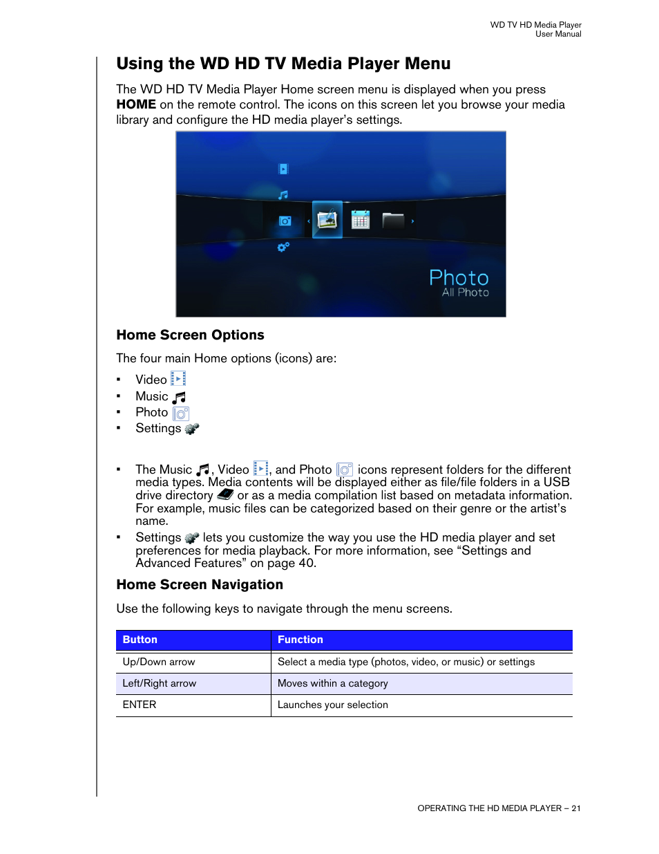 Using the wd hd tv media player menu, Home screen options, Home screen navigation | Western Digital WD TV HD Media Player (Gen 1) User Manual User Manual | Page 24 / 81