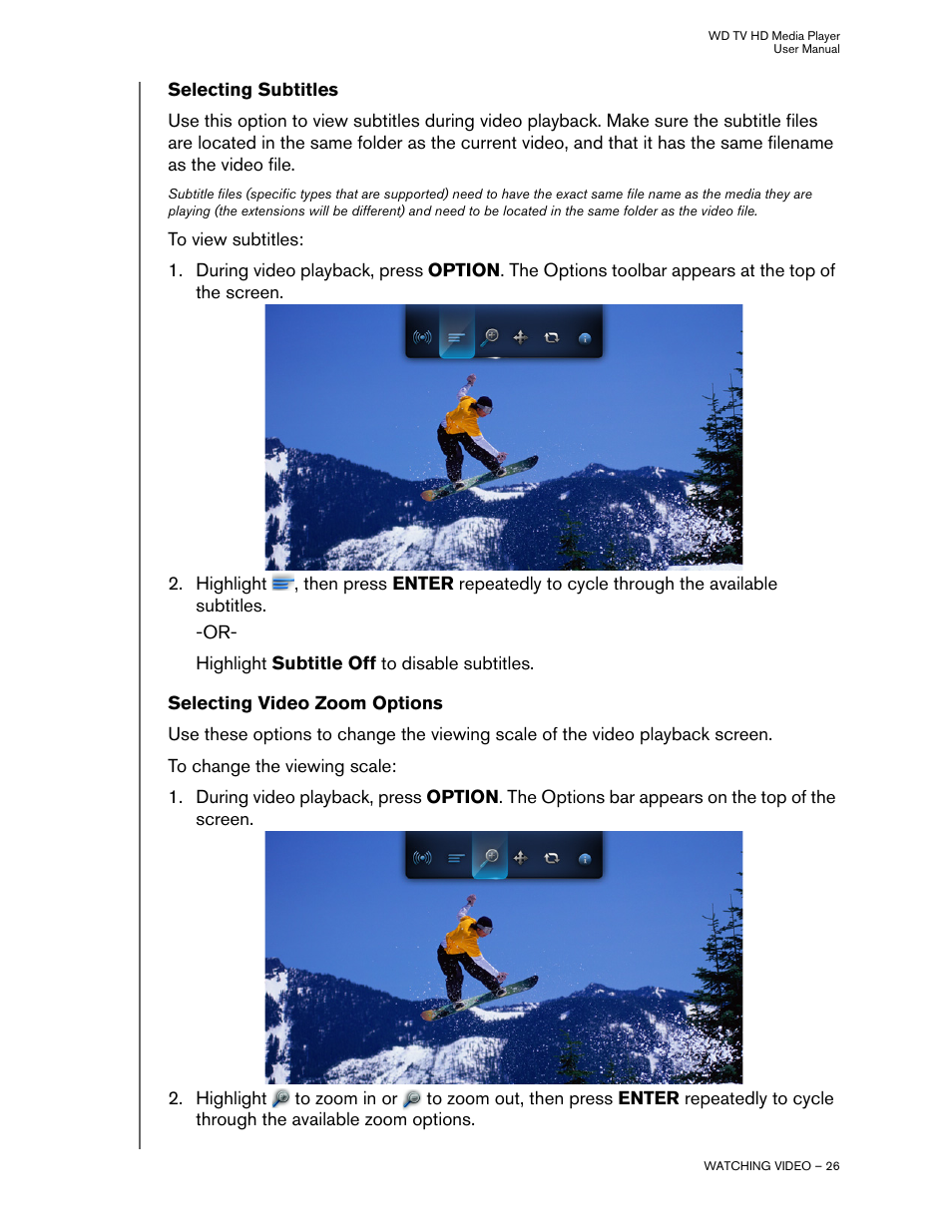 Selecting subtitles, Selecting video zoom options | Western Digital WD TV HD Media Player (Gen 1) User Manual User Manual | Page 29 / 81