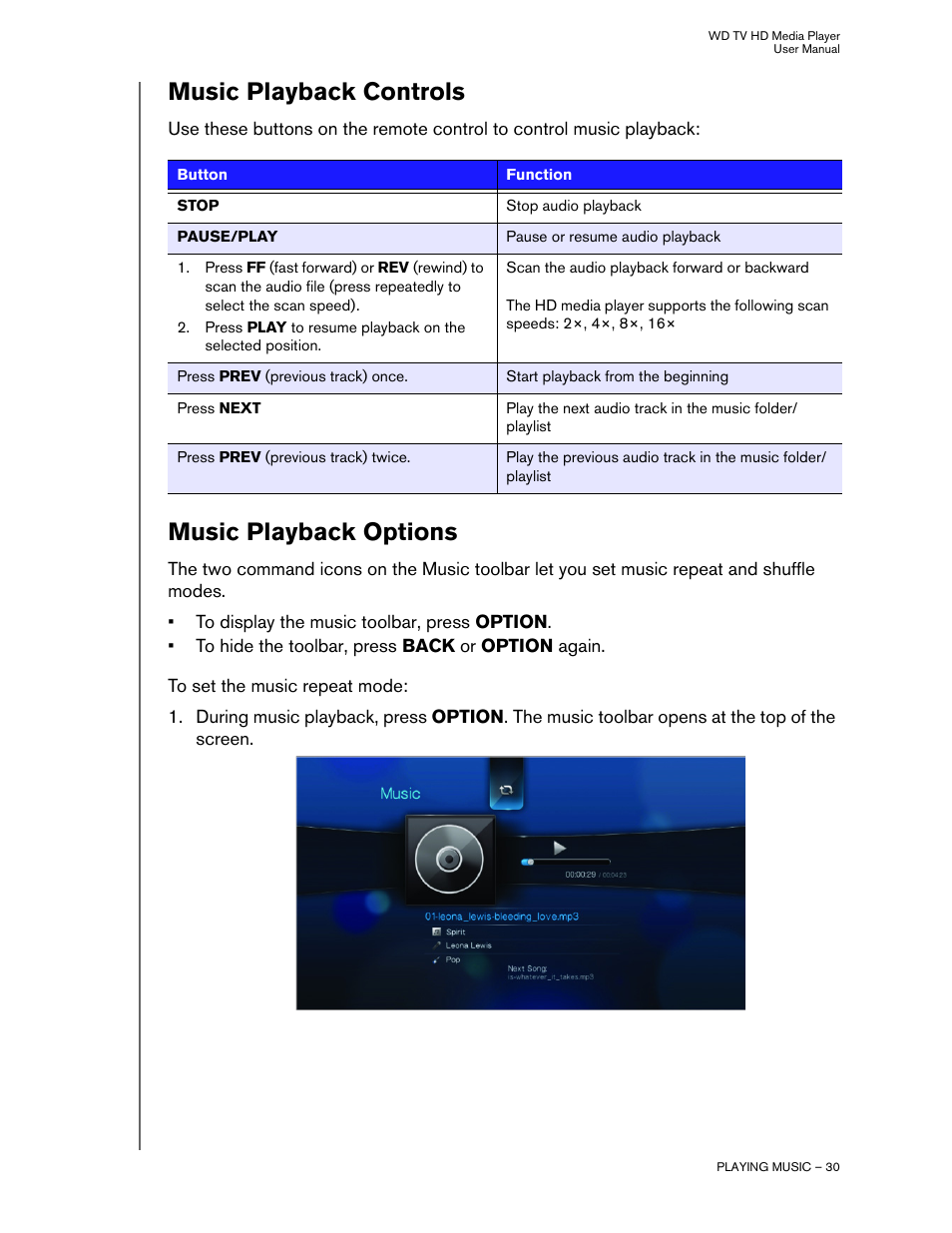 Music playback controls, Music playback options | Western Digital WD TV HD Media Player (Gen 1) User Manual User Manual | Page 33 / 81