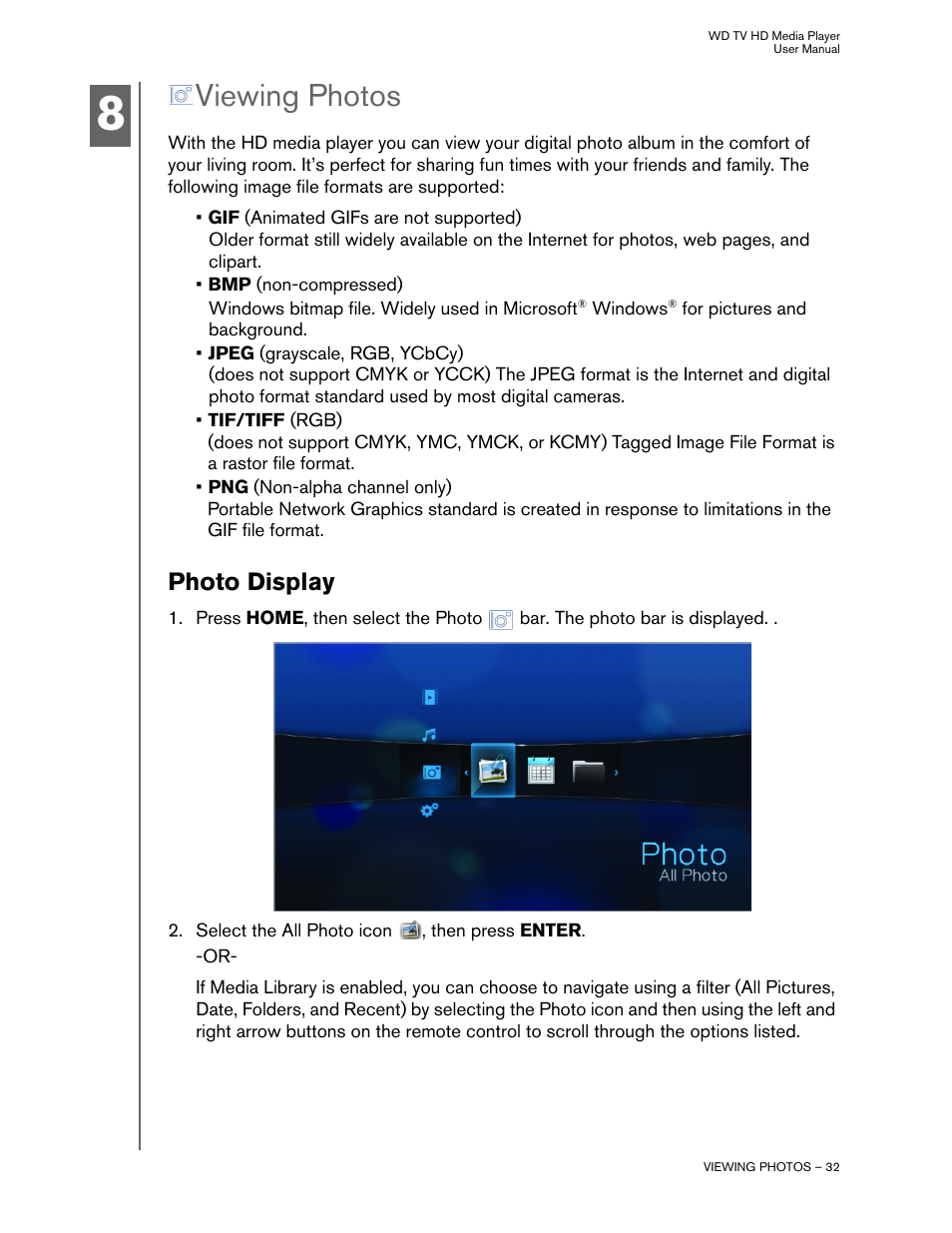 Viewing photos, Photo display | Western Digital WD TV HD Media Player (Gen 1) User Manual User Manual | Page 35 / 81