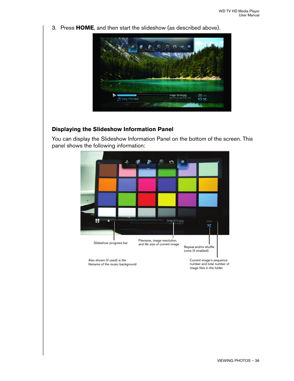 Displaying the slideshow information panel | Western Digital WD TV HD Media Player (Gen 1) User Manual User Manual | Page 39 / 81