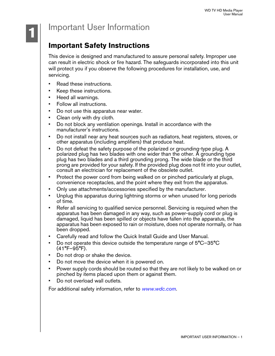 Important user information, Important safety instructions | Western Digital WD TV HD Media Player (Gen 1) User Manual User Manual | Page 4 / 81