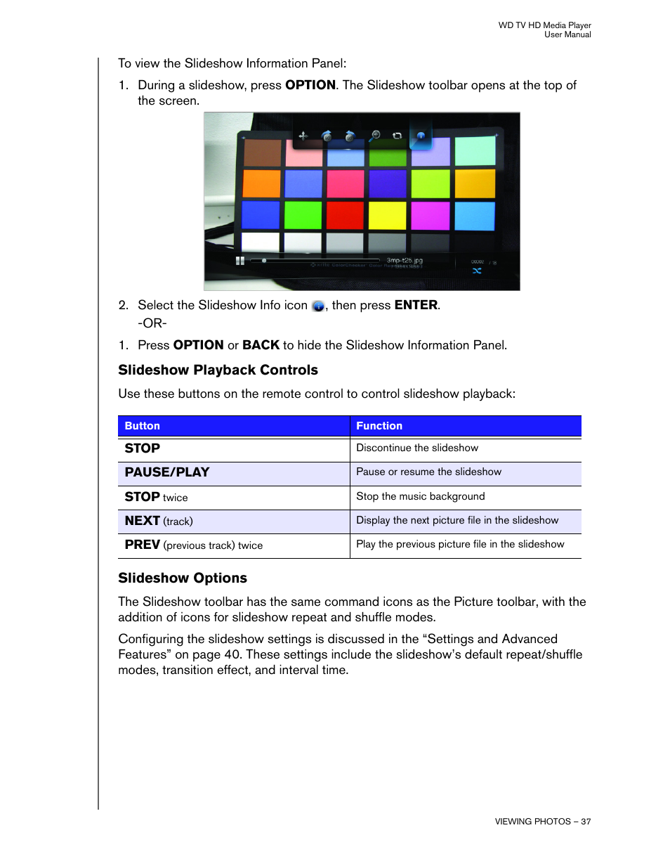 Slideshow playback controls, Slideshow options | Western Digital WD TV HD Media Player (Gen 1) User Manual User Manual | Page 40 / 81