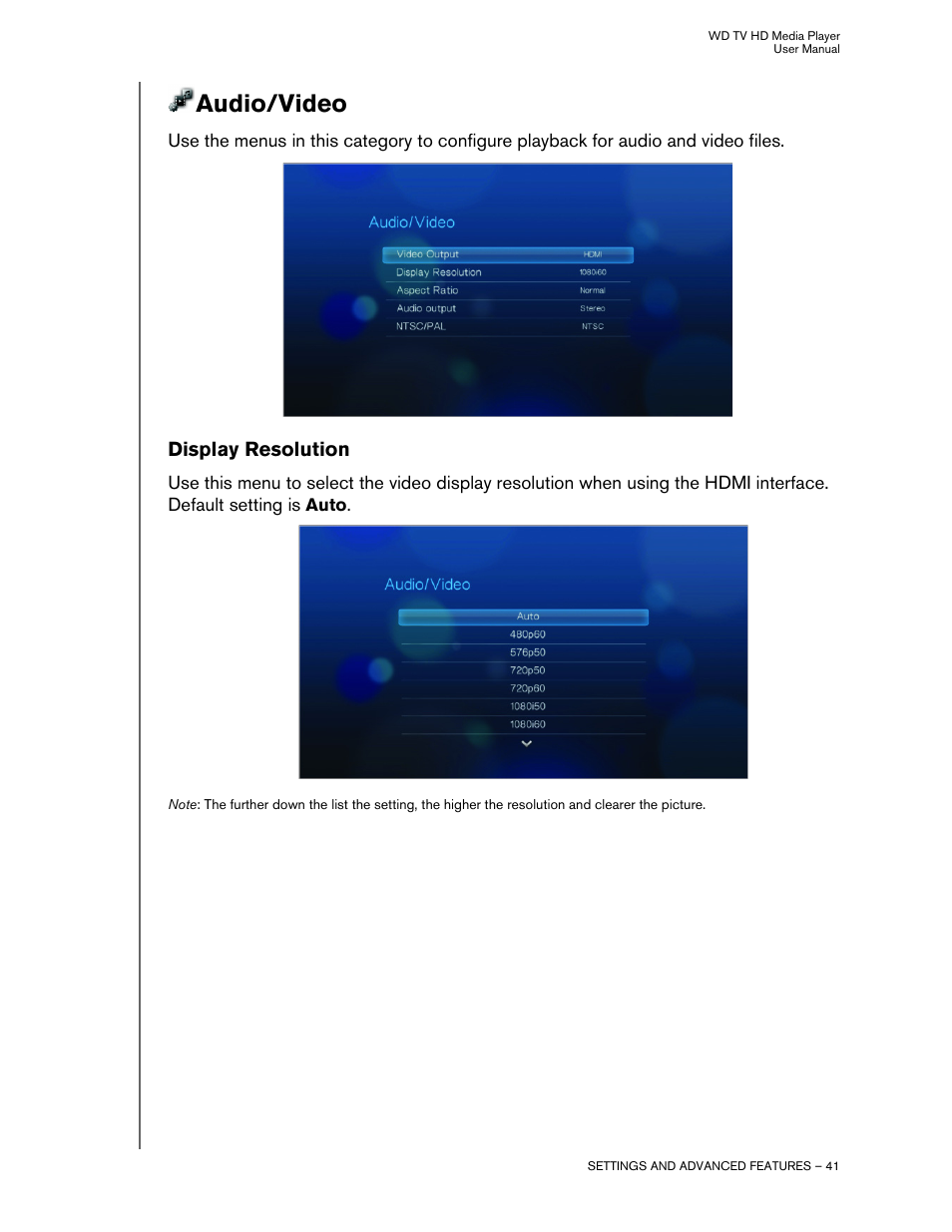 Audio/video, Display resolution | Western Digital WD TV HD Media Player (Gen 1) User Manual User Manual | Page 44 / 81