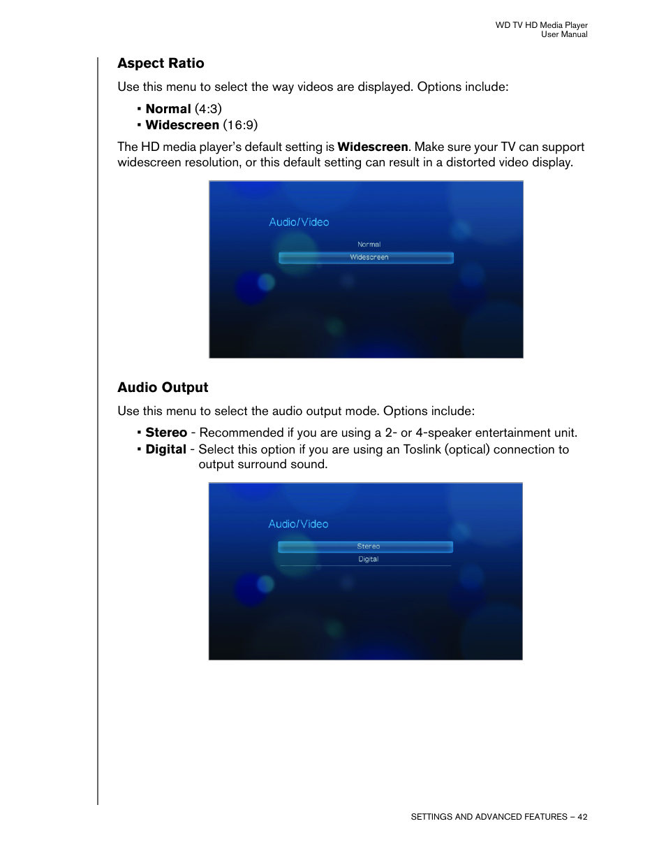Aspect ratio, Audio output | Western Digital WD TV HD Media Player (Gen 1) User Manual User Manual | Page 45 / 81