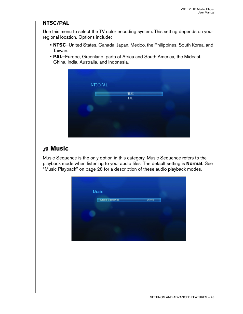Ntsc/pal, Music | Western Digital WD TV HD Media Player (Gen 1) User Manual User Manual | Page 46 / 81