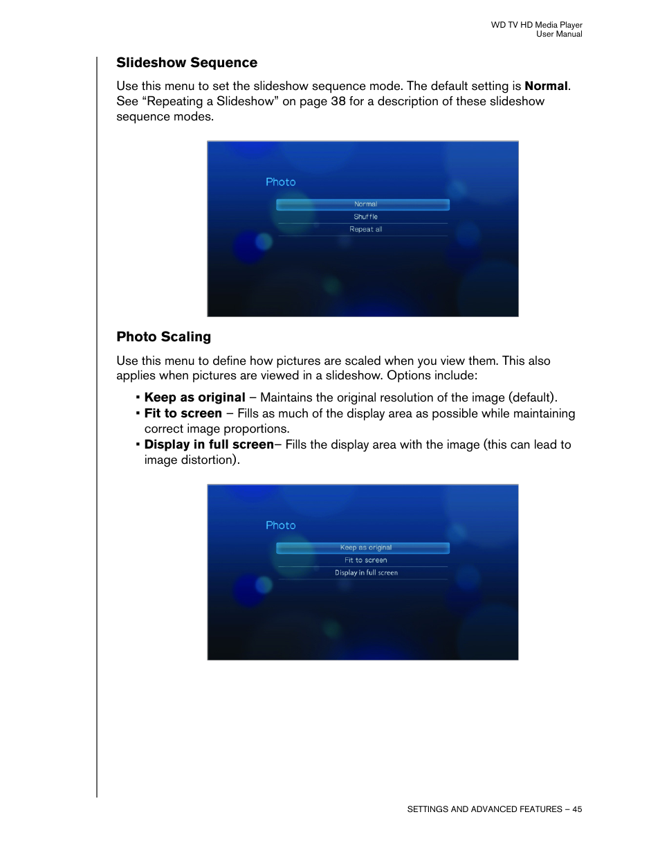 Slideshow sequence, Photo scaling | Western Digital WD TV HD Media Player (Gen 1) User Manual User Manual | Page 48 / 81