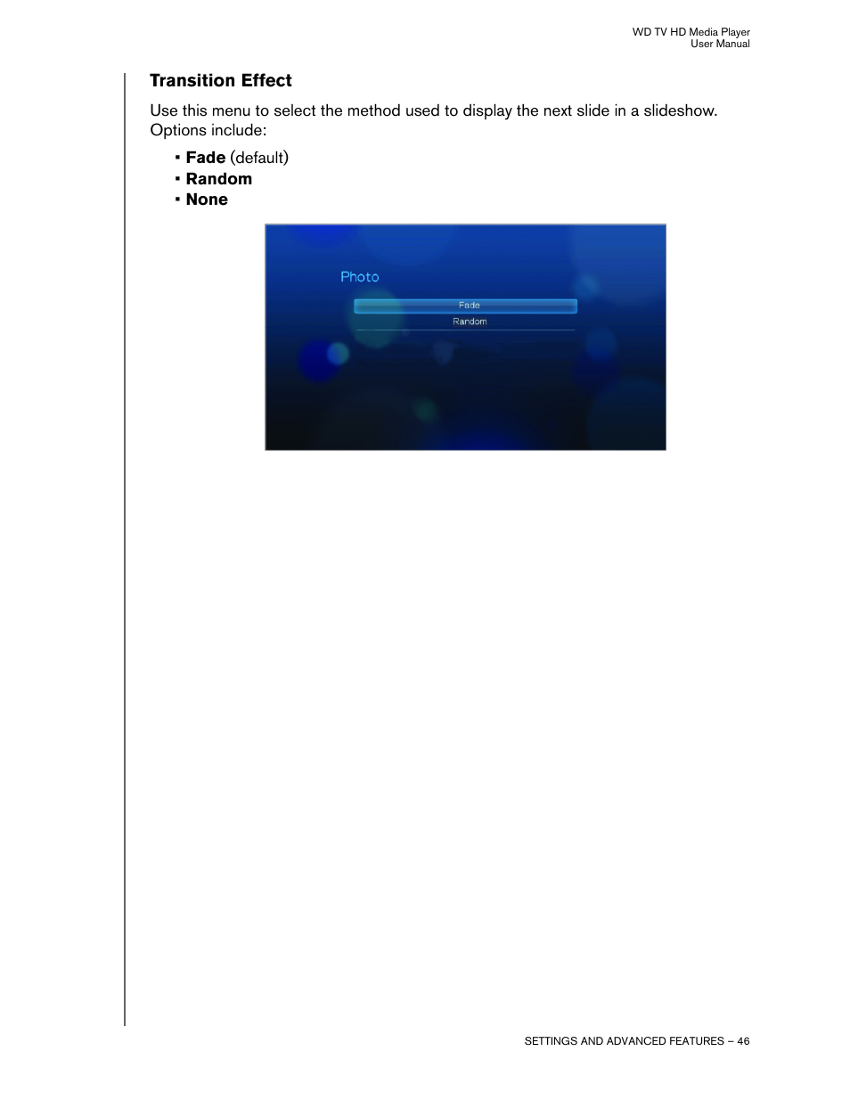 Transition effect | Western Digital WD TV HD Media Player (Gen 1) User Manual User Manual | Page 49 / 81