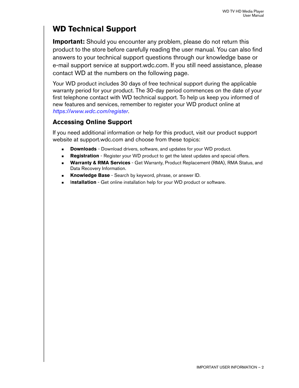 Wd technical support, Accessing online support | Western Digital WD TV HD Media Player (Gen 1) User Manual User Manual | Page 5 / 81