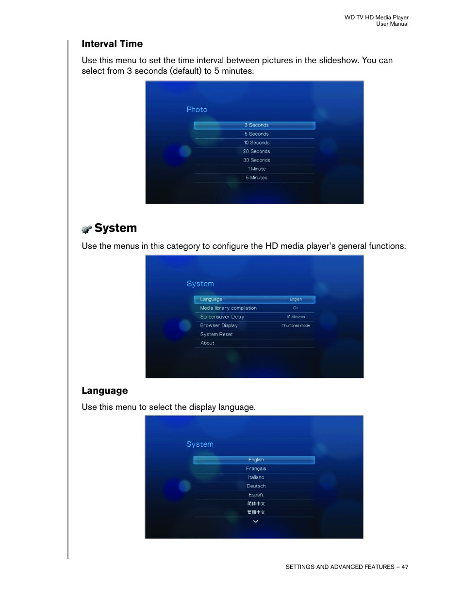 Interval time, System, Language | Western Digital WD TV HD Media Player (Gen 1) User Manual User Manual | Page 50 / 81