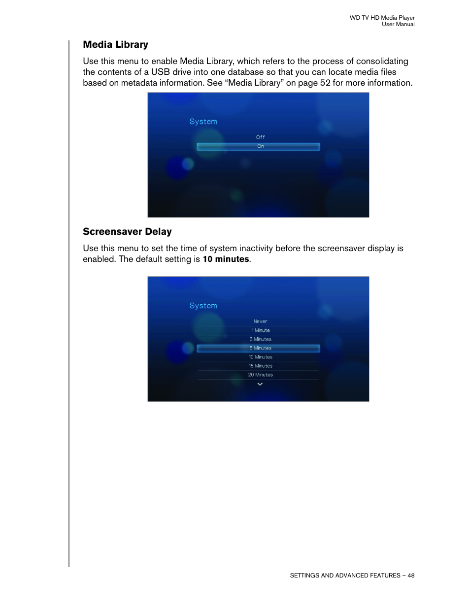 Media library, Screensaver delay | Western Digital WD TV HD Media Player (Gen 1) User Manual User Manual | Page 51 / 81