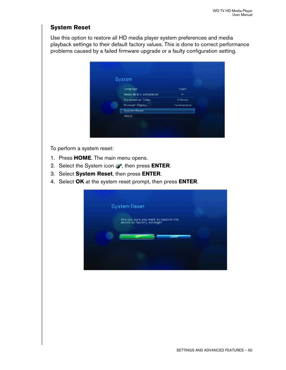 System reset | Western Digital WD TV HD Media Player (Gen 1) User Manual User Manual | Page 53 / 81