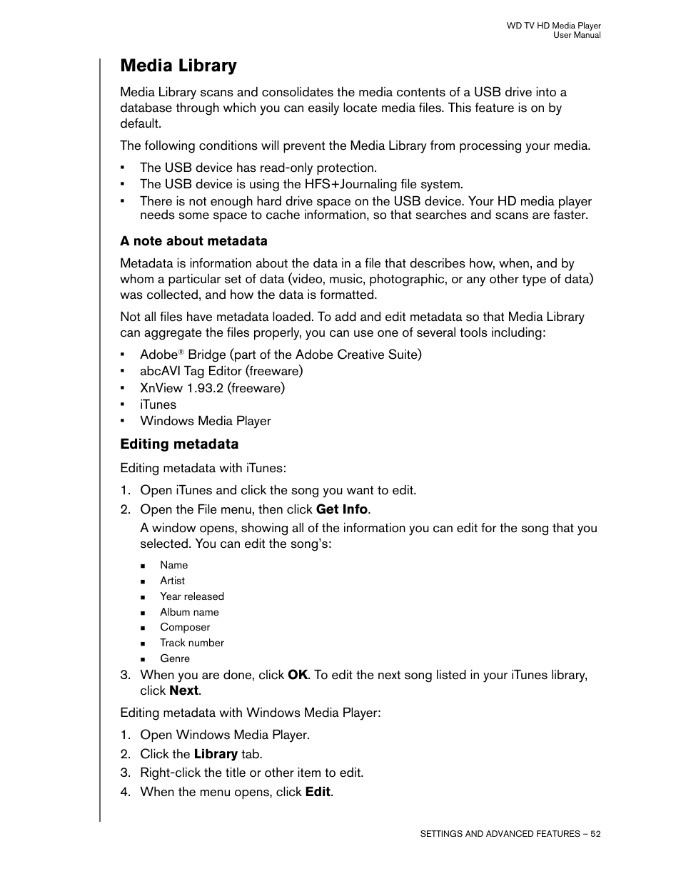 Media library, A note about metadata, Editing metadata | Western Digital WD TV HD Media Player (Gen 1) User Manual User Manual | Page 55 / 81