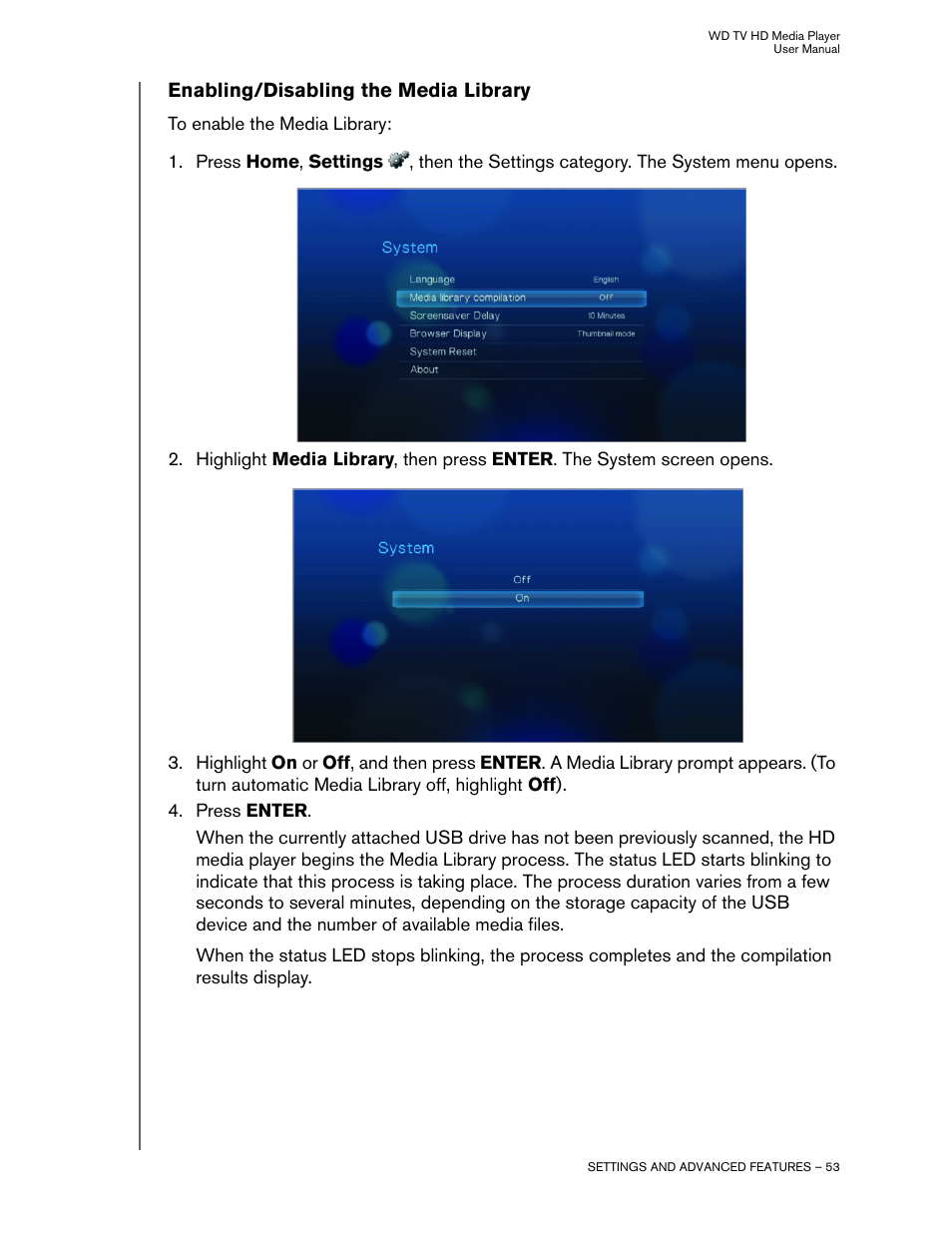 Enabling/disabling the media library | Western Digital WD TV HD Media Player (Gen 1) User Manual User Manual | Page 56 / 81