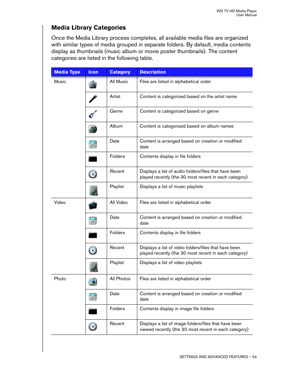 Media library categories | Western Digital WD TV HD Media Player (Gen 1) User Manual User Manual | Page 57 / 81