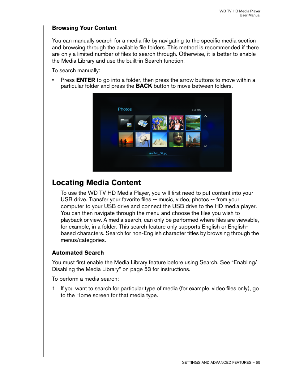 Browsing your content, Locating media content, Automated search | Western Digital WD TV HD Media Player (Gen 1) User Manual User Manual | Page 58 / 81