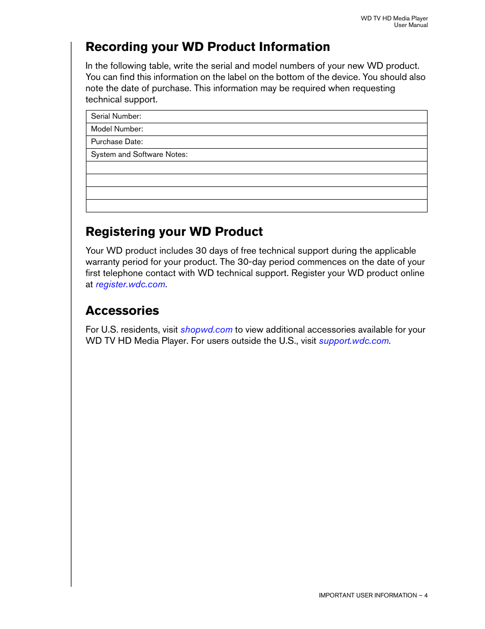 Recording your wd product information, Registering your wd product, Accessories | Western Digital WD TV HD Media Player (Gen 1) User Manual User Manual | Page 7 / 81