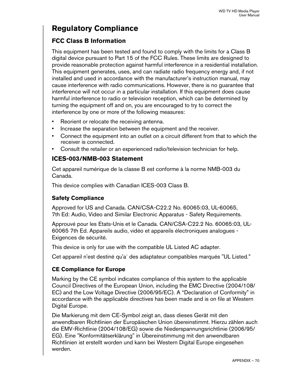 Regulatory compliance, Fcc class b information, Ices-003/nmb-003 statement | Safety compliance, Ce compliance for europe | Western Digital WD TV HD Media Player (Gen 1) User Manual User Manual | Page 73 / 81