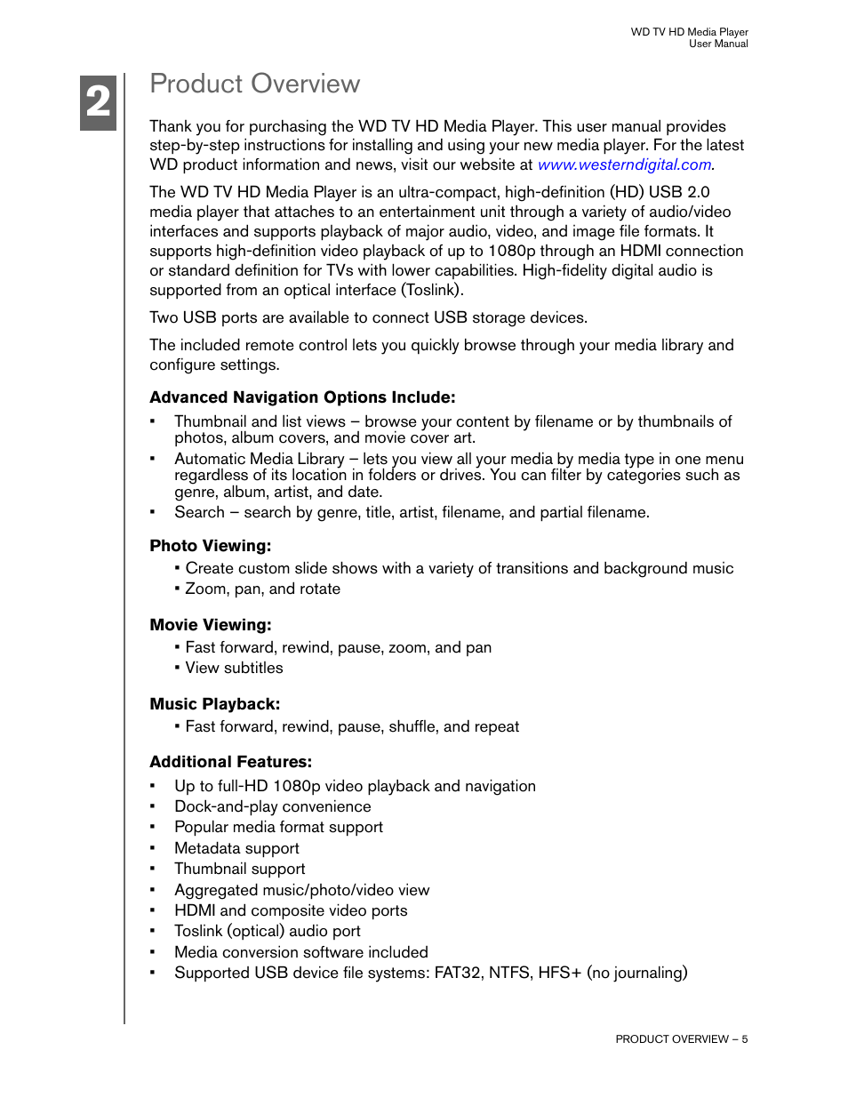 Product overview, Advanced navigation options include, Photo viewing | Movie viewing, Music playback, Additional features | Western Digital WD TV HD Media Player (Gen 1) User Manual User Manual | Page 8 / 81
