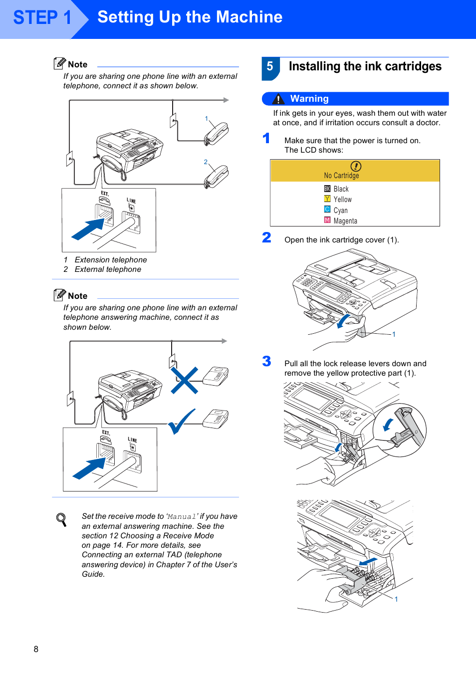 5 installing the ink cartridges, Installing the ink cartridges, Step 1 | Setting up the machine, 5installing the ink cartridges, Warning | Brother MFC-685CW User Manual | Page 10 / 58
