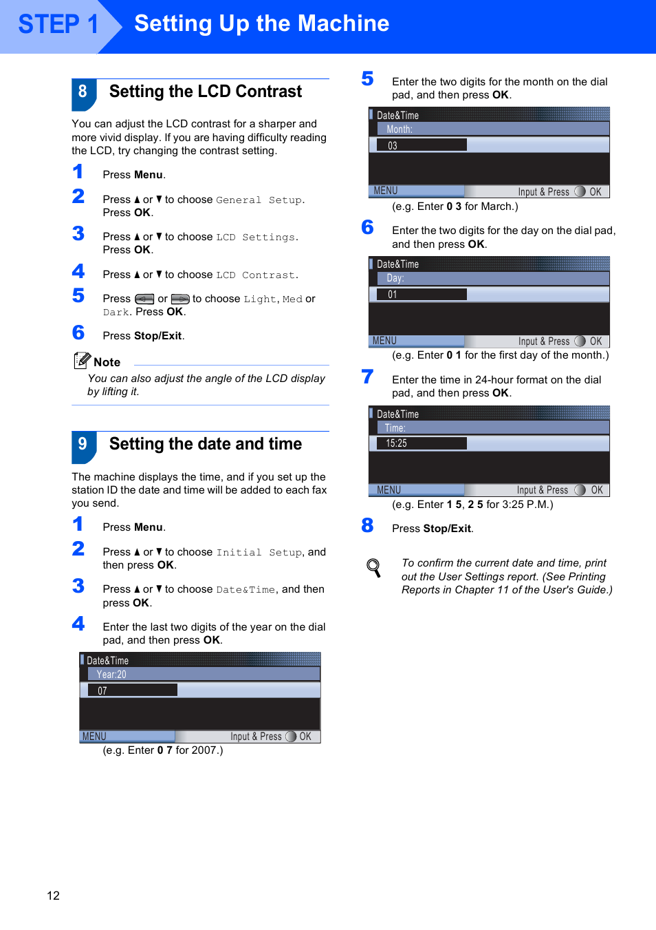 8 setting the lcd contrast, 9 setting the date and time, Setting the lcd contrast setting the date and time | Step 1, Setting up the machine, 8setting the lcd contrast, 9setting the date and time | Brother MFC-685CW User Manual | Page 14 / 58