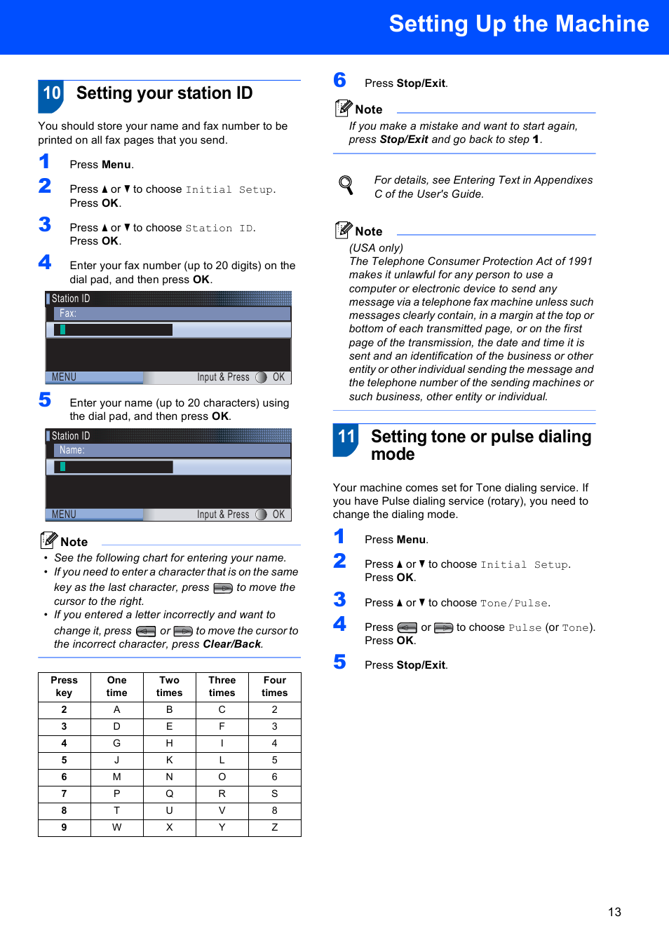 10 setting your station id, 11 setting tone or pulse dialing mode, Setting up the machine | Brother MFC-685CW User Manual | Page 15 / 58