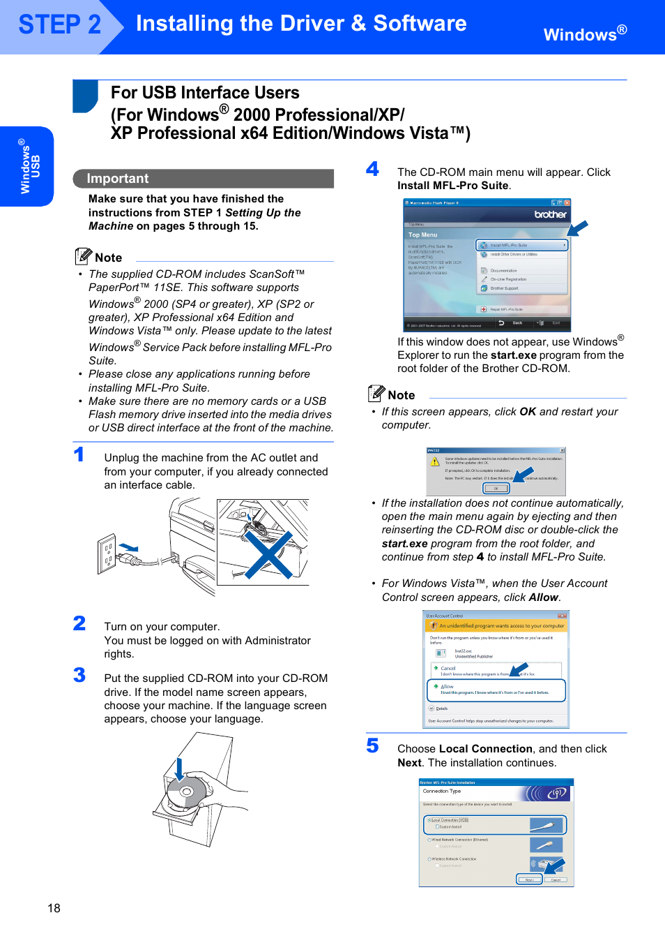 Windows, For usb interface users (for windows, For usb interface users | For windows, 2000 professional/xp, Xp professional x64 edition/windows vista™), Step 2, Installing the driver & software, Important | Brother MFC-685CW User Manual | Page 20 / 58