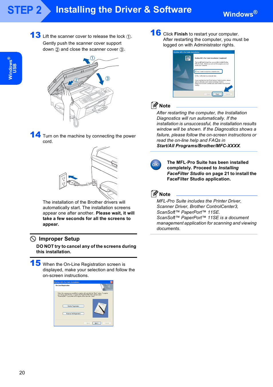 Step 2, Installing the driver & software, Windows | Improper setup | Brother MFC-685CW User Manual | Page 22 / 58