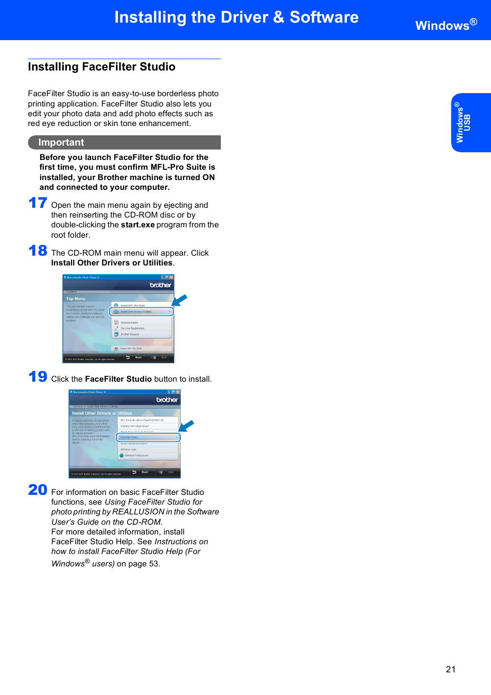 Installing facefilter studio, Installing the driver & software, Windows | Brother MFC-685CW User Manual | Page 23 / 58