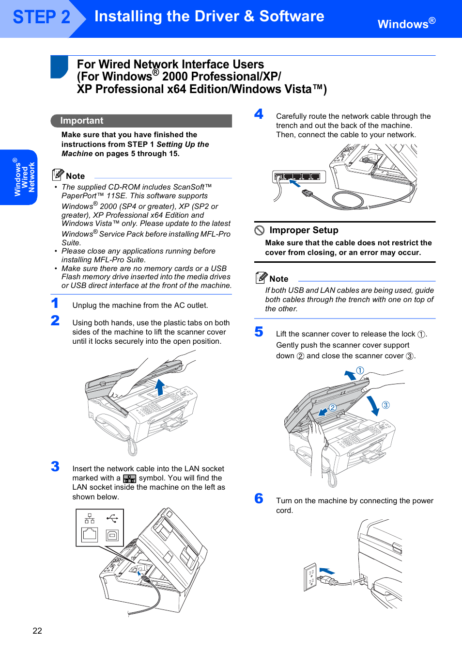 For wired network interface users (for windows, For wired network interface users, For windows | 2000 professional/xp, Xp professional x64 edition/windows vista™), Step 2, Installing the driver & software, Windows | Brother MFC-685CW User Manual | Page 24 / 58