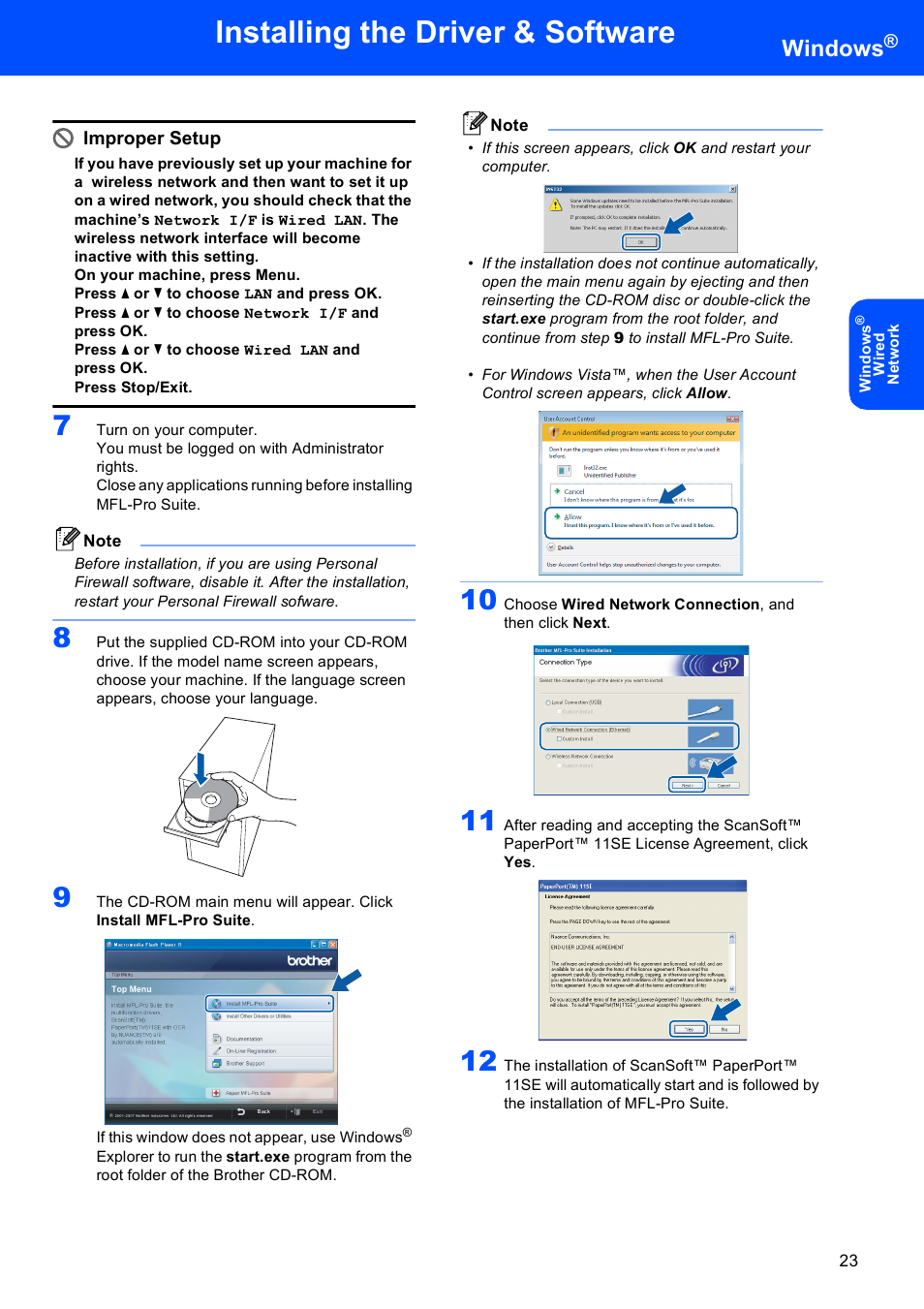 Installing the driver & software, Windows, Improper setup | Brother MFC-685CW User Manual | Page 25 / 58