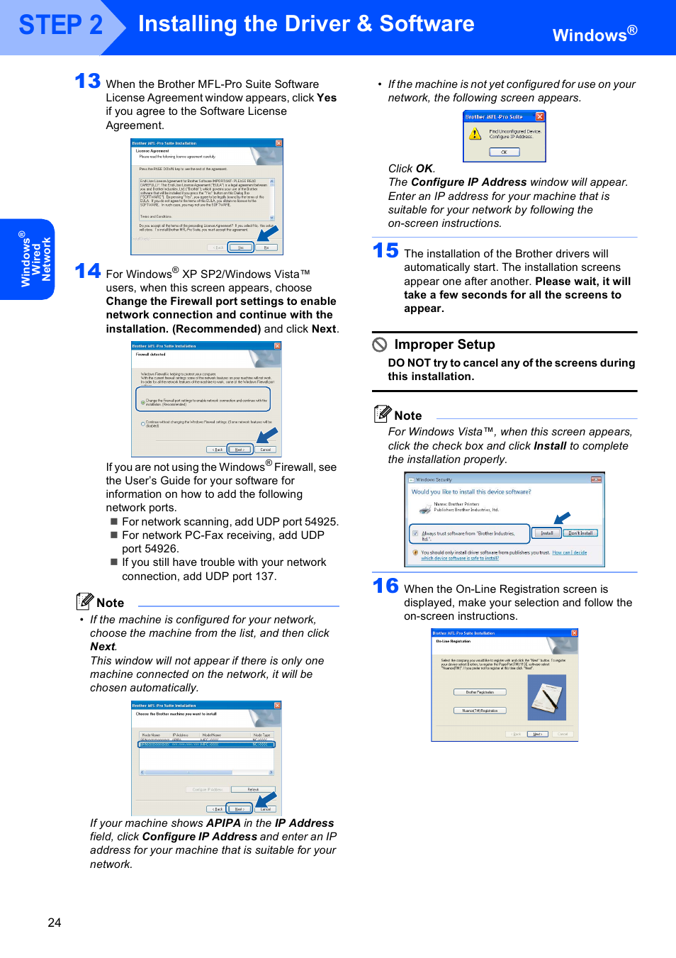 Step 2, Installing the driver & software, Windows | Improper setup | Brother MFC-685CW User Manual | Page 26 / 58