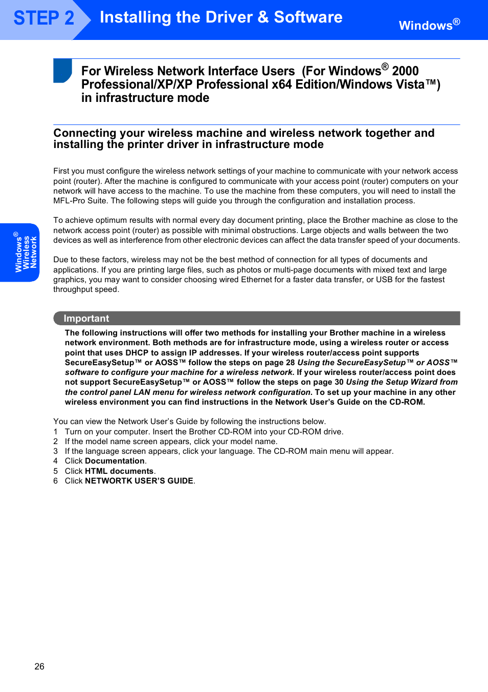 For wireless network interface users (for windows, 2000 professional/xp, Step 2 | Installing the driver & software, Windows | Brother MFC-685CW User Manual | Page 28 / 58