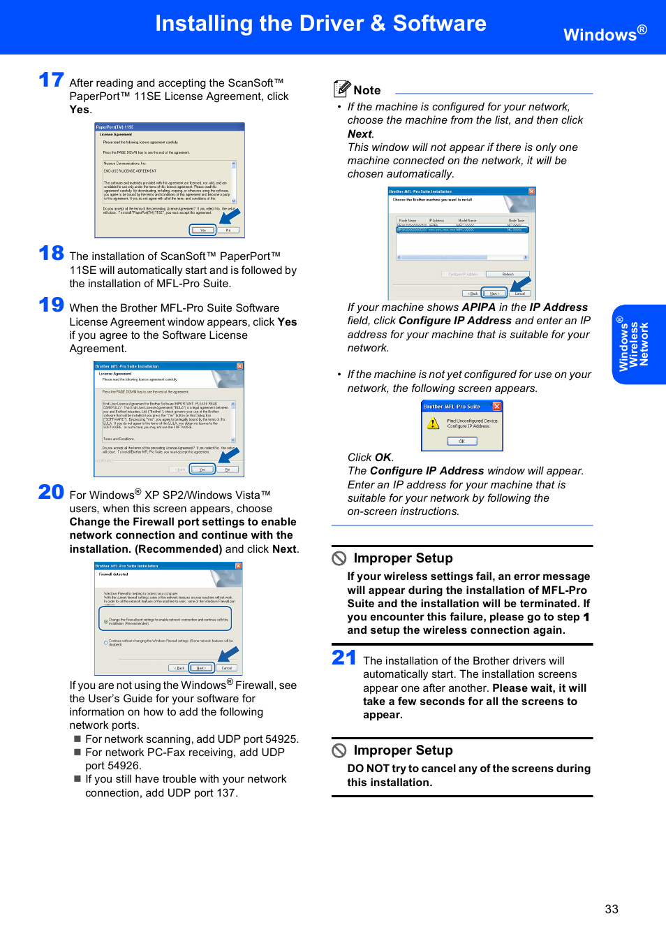 Installing the driver & software, Windows, Improper setup | Brother MFC-685CW User Manual | Page 35 / 58