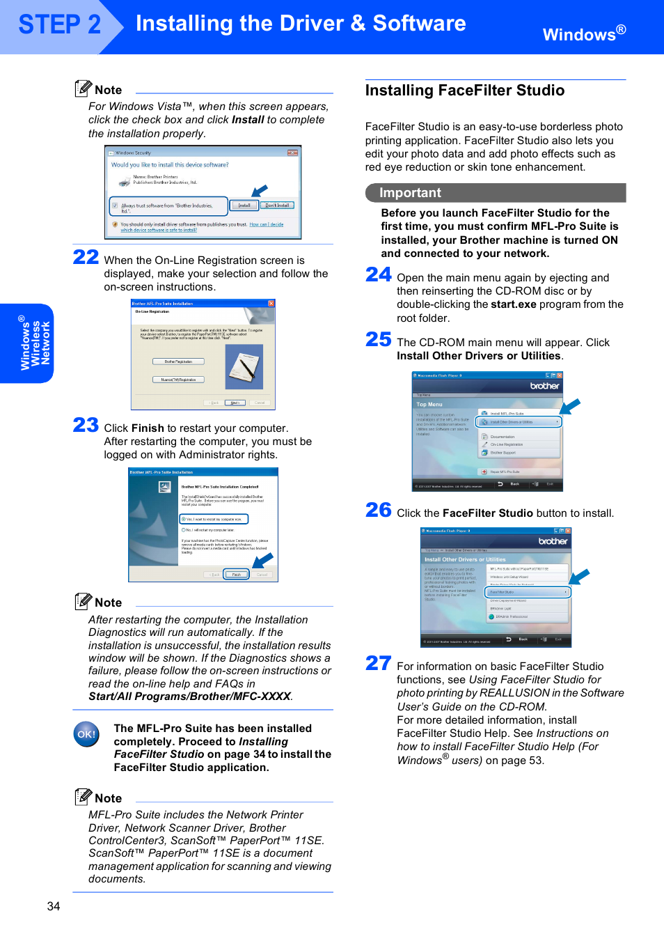 Installing facefilter studio, Step 2, Installing the driver & software | Windows | Brother MFC-685CW User Manual | Page 36 / 58