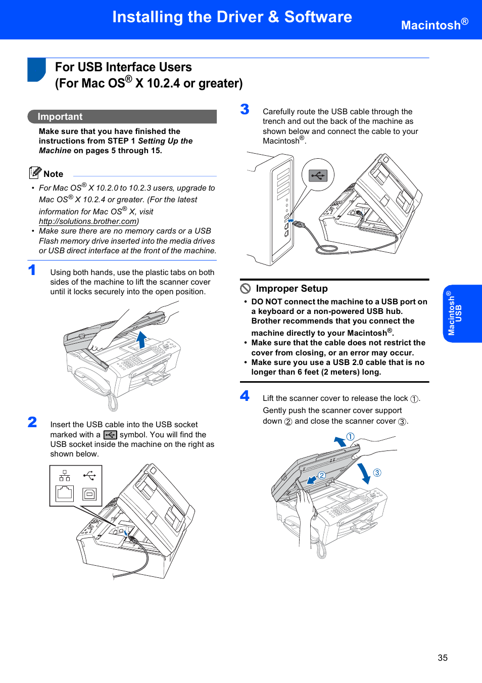 Macintosh, For usb interface users (for mac os, X 10.2.4 or greater) | For usb interface users, For mac os, Installing the driver & software, Important, Improper setup | Brother MFC-685CW User Manual | Page 37 / 58