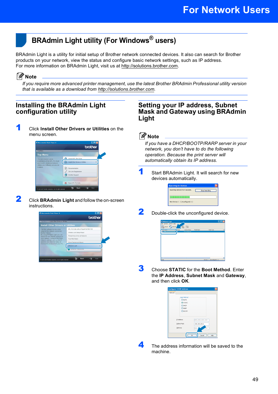 For network users, Bradmin light utility (for windows® users), Installing the bradmin light configuration utility | Bradmin light utility (for windows, Users) | Brother MFC-685CW User Manual | Page 51 / 58