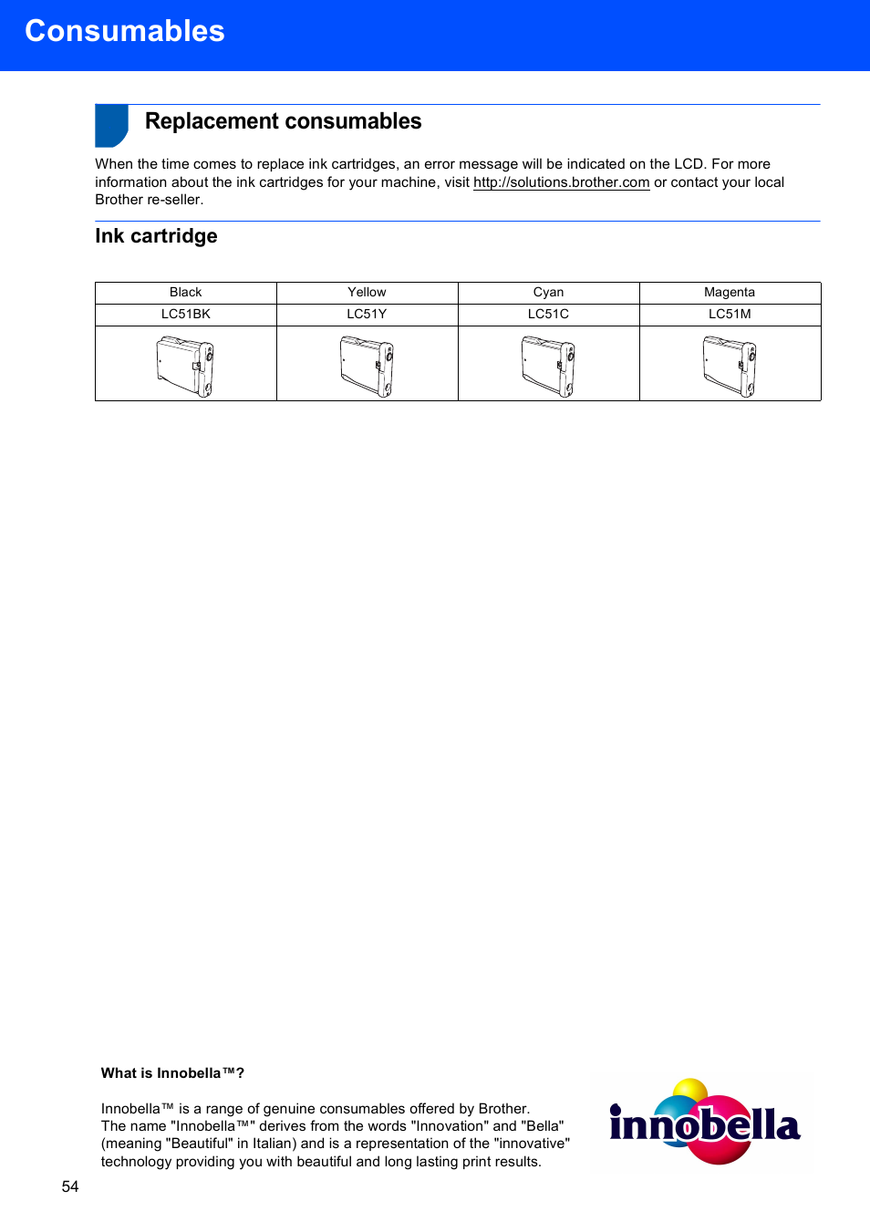 Consumables, Replacement consumables, Ink cartridge | Brother MFC-685CW User Manual | Page 56 / 58