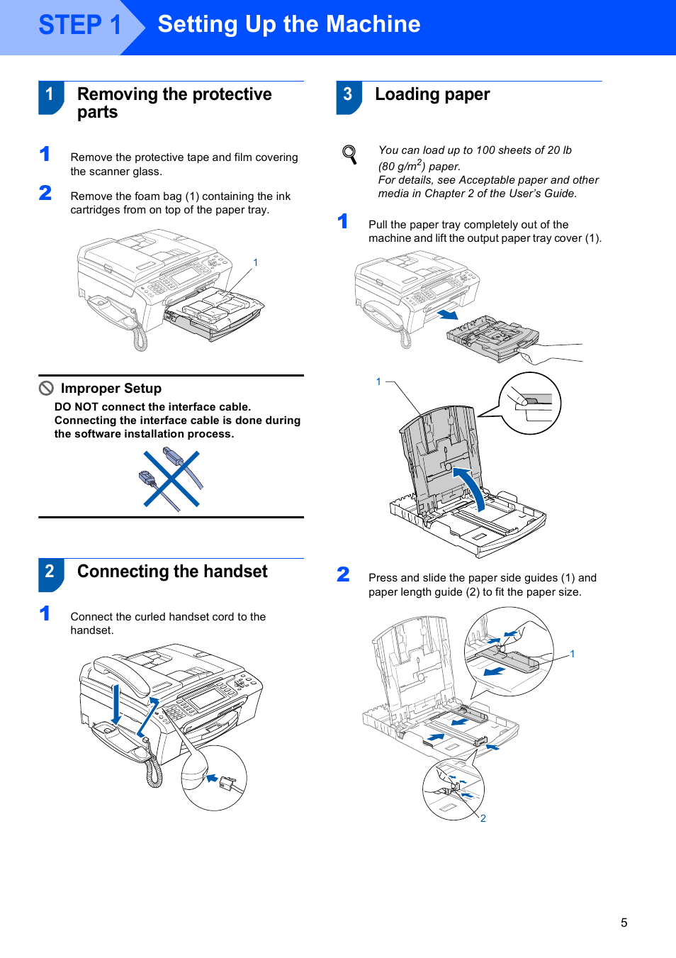 Step 1 setting up the machine, 1 removing the protective parts, 2 connecting the handset | 3 loading paper, Step 1, Setting up the machine, 1removing the protective parts, 2connecting the handset, 3loading paper | Brother MFC-685CW User Manual | Page 7 / 58