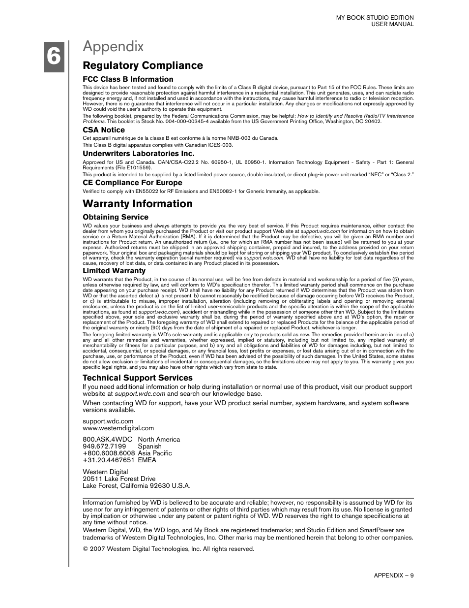 Appendix, Regulatory compliance, Fcc class b information | Csa notice, Underwriters laboratories inc, Ce compliance for europe, Warranty information, Obtaining service, Limited warranty, Technical support services | Western Digital My Book Studio Edition User Manual User Manual | Page 10 / 10