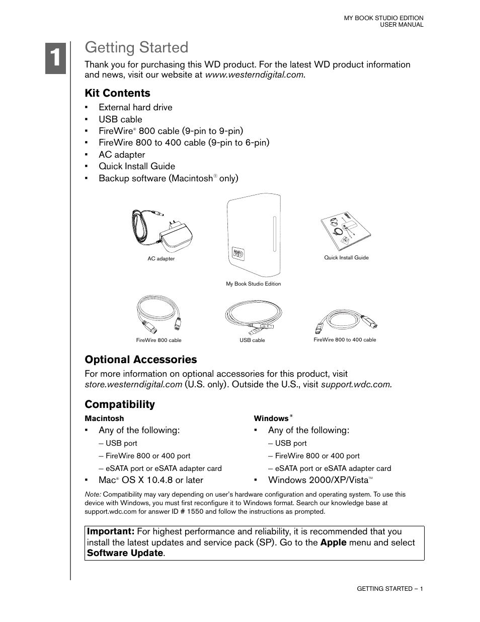 Getting started, Kit contents, Optional accessories | Compatibility, Macintosh, Windows | Western Digital My Book Studio Edition User Manual User Manual | Page 2 / 10