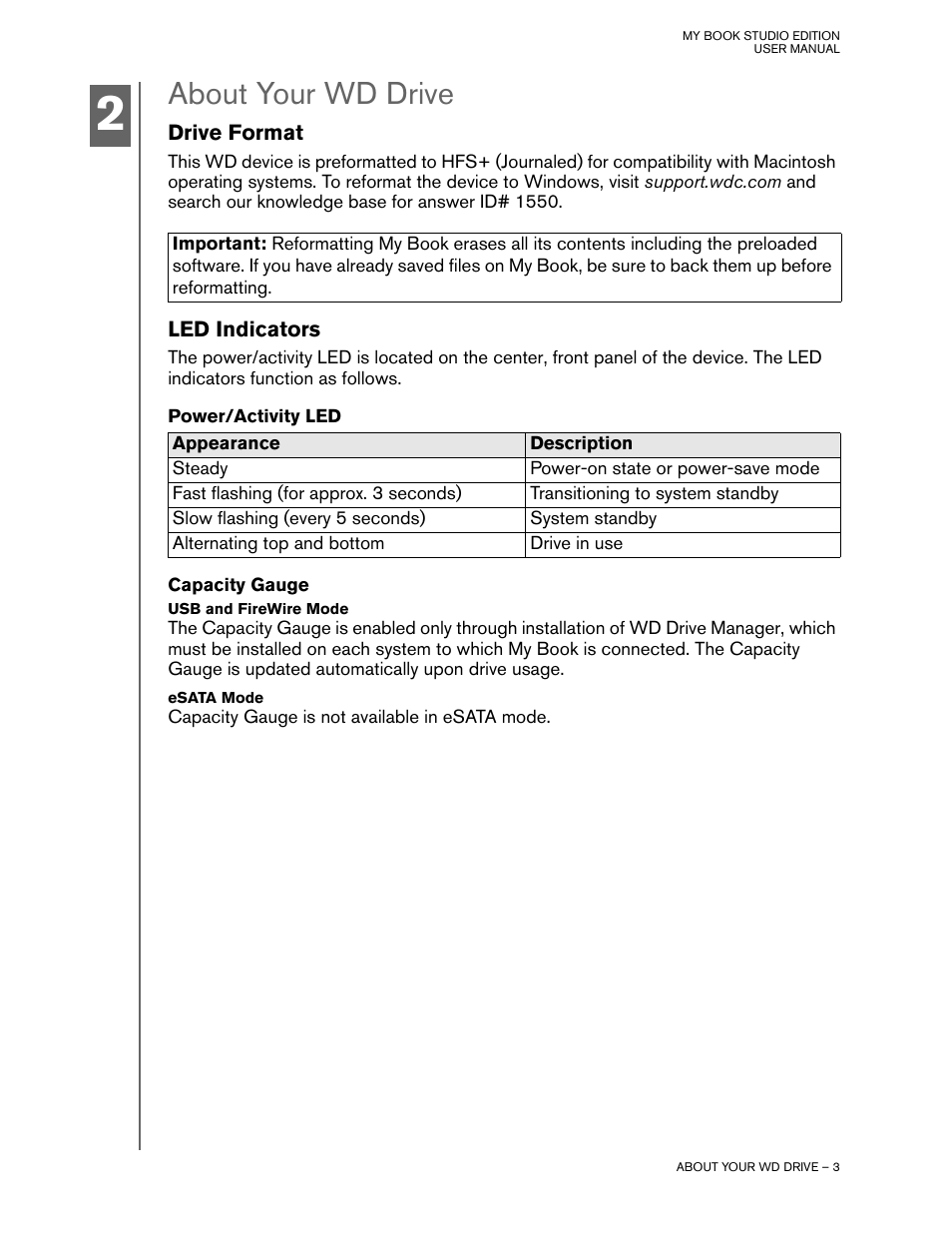 About your wd drive, Drive format, Led indicators | Power/activity led, Capacity gauge, Usb and firewire mode, Esata mode | Western Digital My Book Studio Edition User Manual User Manual | Page 4 / 10