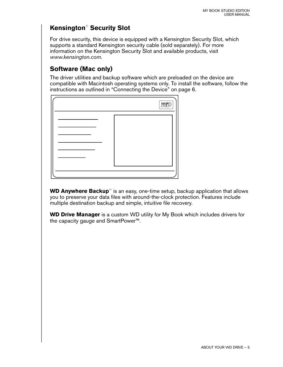 Software (mac only), Kensington, Security slot | Western Digital My Book Studio Edition User Manual User Manual | Page 6 / 10