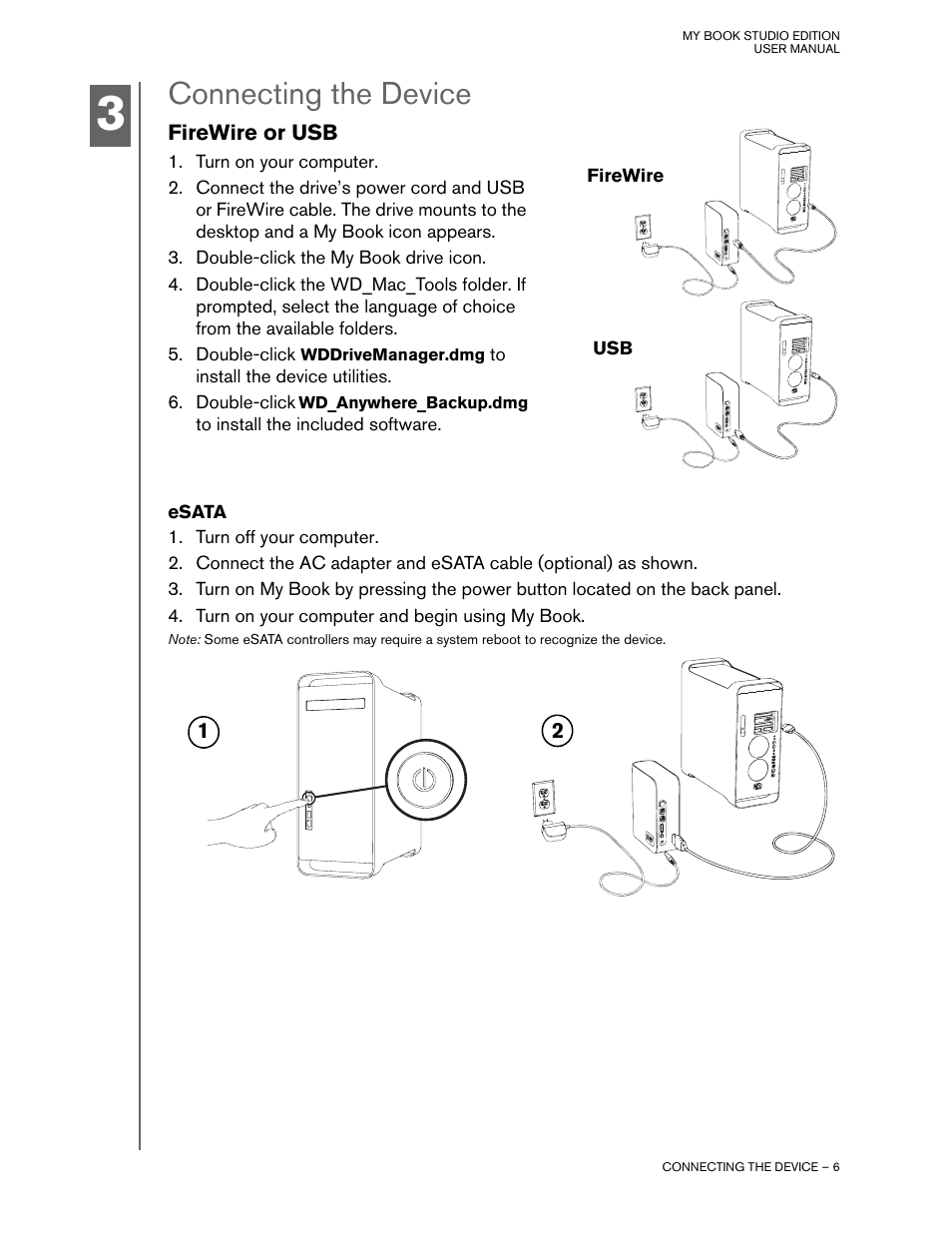 Connecting the device, Firewire or usb, Esata | Western Digital My Book Studio Edition User Manual User Manual | Page 7 / 10