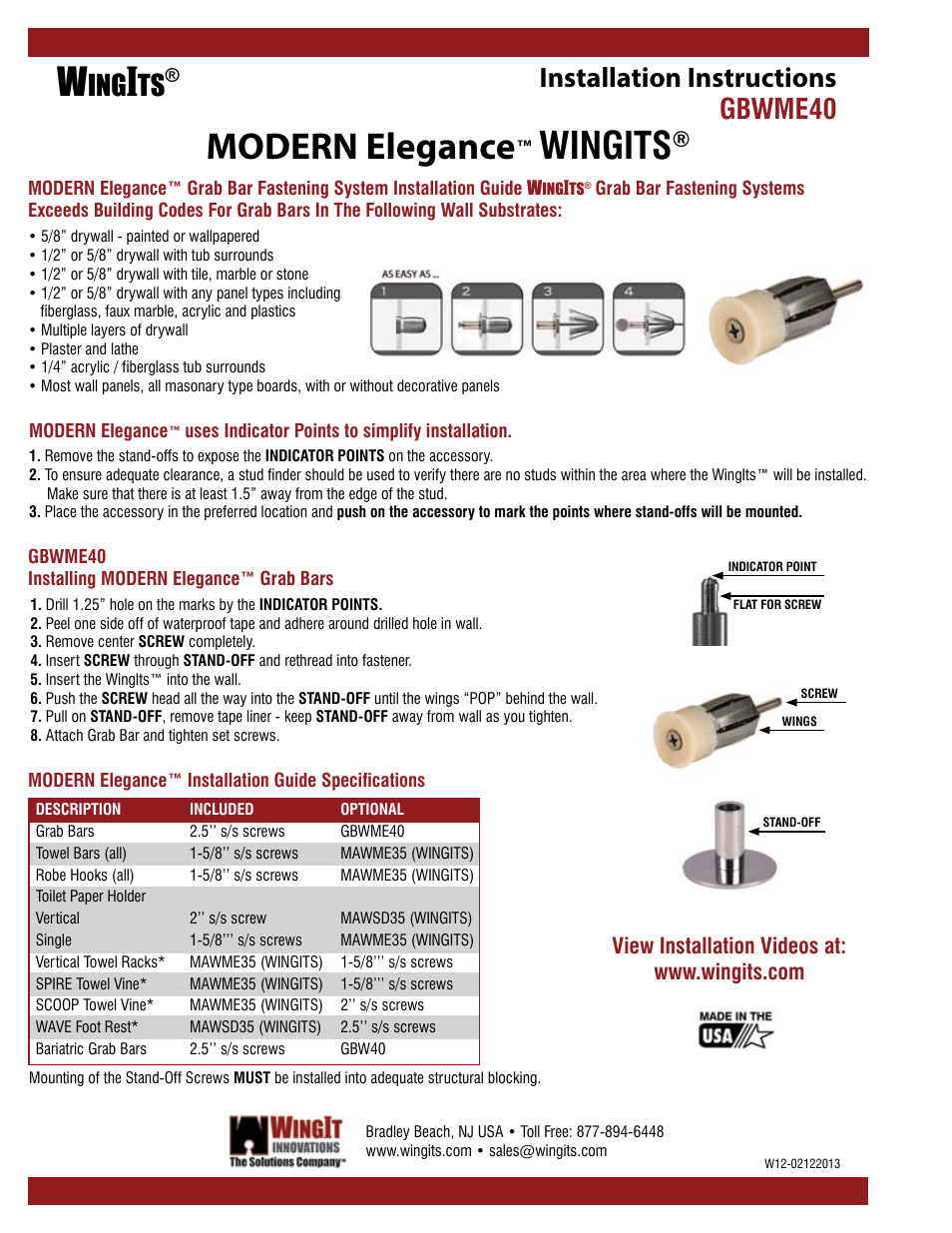 Modern elegance, Wingits, Installation instructions | Gbwme40 | WINGITS Grab Bar GBWME40 User Manual | Page 2 / 2