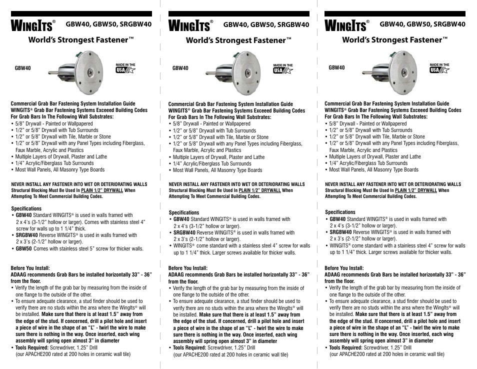 WINGITS Grab Bar SRGBW40 User Manual | 2 pages