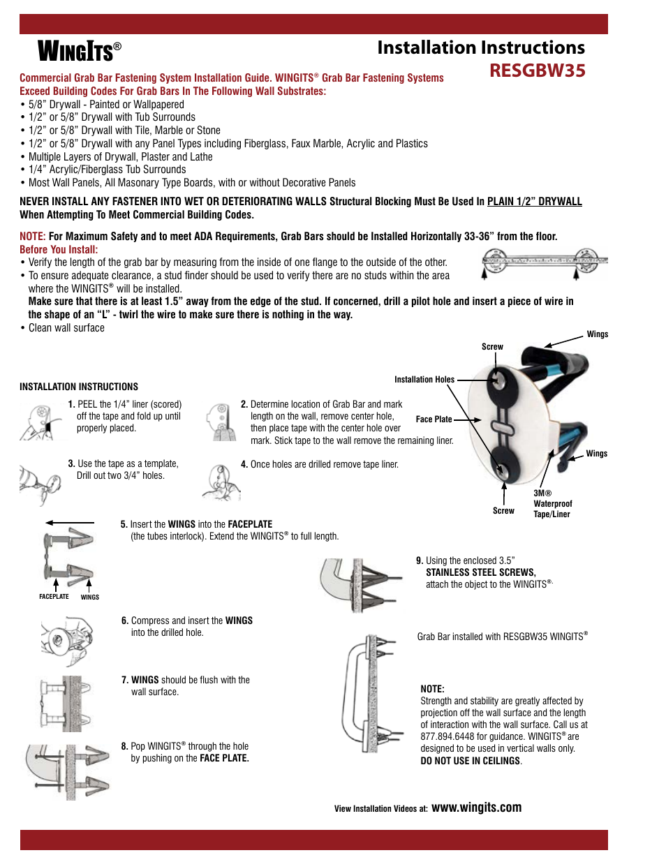 Installation instructions resgbw35 | WINGITS Grab Bar RESGBW35 User Manual | Page 2 / 2